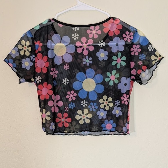 Retro 90s Style Mesh Festival Crop Top Rave Grunge Psychedelic Flowers Small - Picture 2 of 3